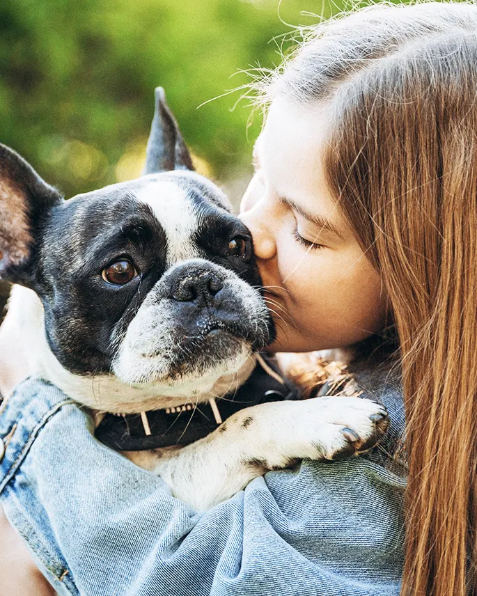 A girl kissing her French bulldog